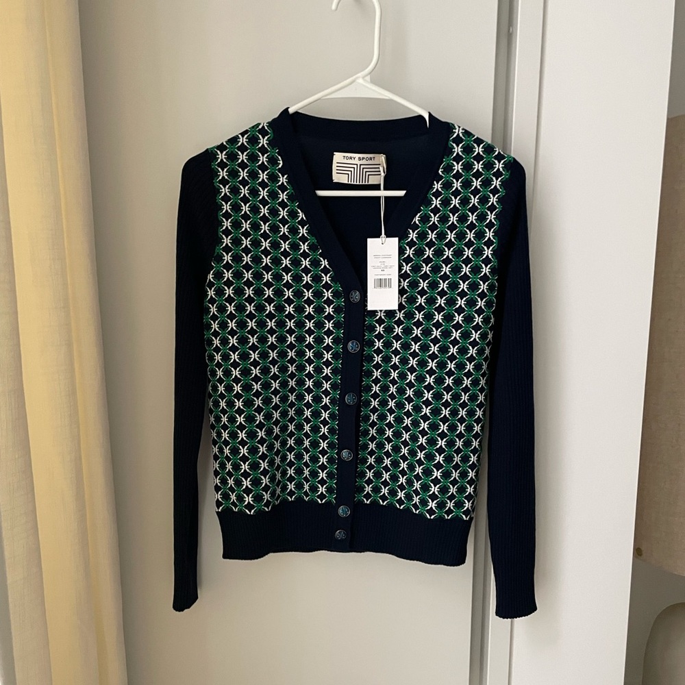 Tory Sport merino contrast front cardigan